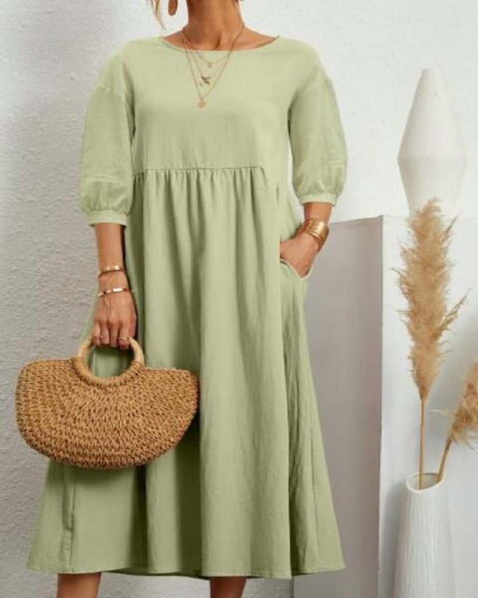 Middle Sleeve O - neck Solid Elegant Cotton Loose Long Dress - Deb Shops