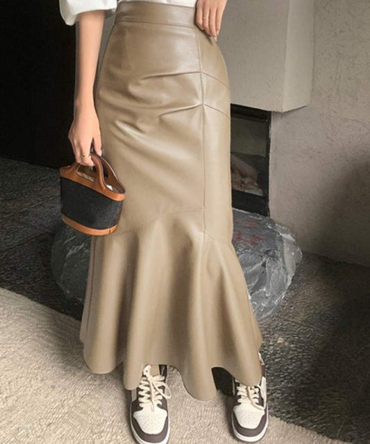 Midi PU Leather High Waist Faldas Ruffles Skirt - Deb Shops