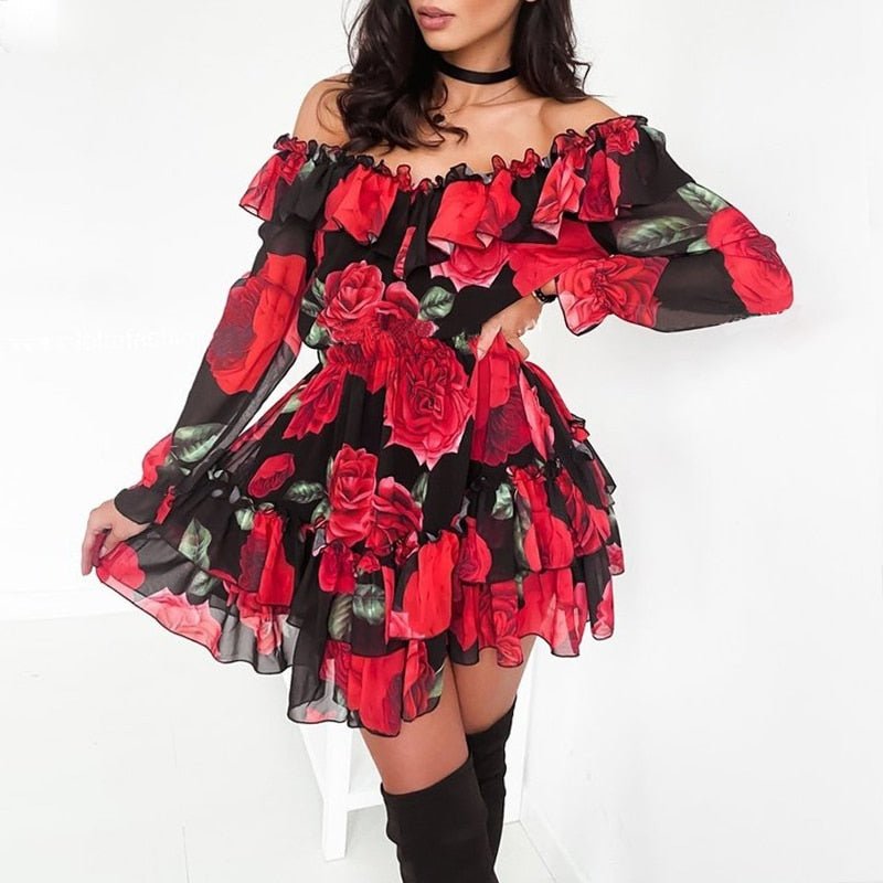 Off Shoulder Ruffles Flower Long Sleeve Chiffon Dress - Deb Shops