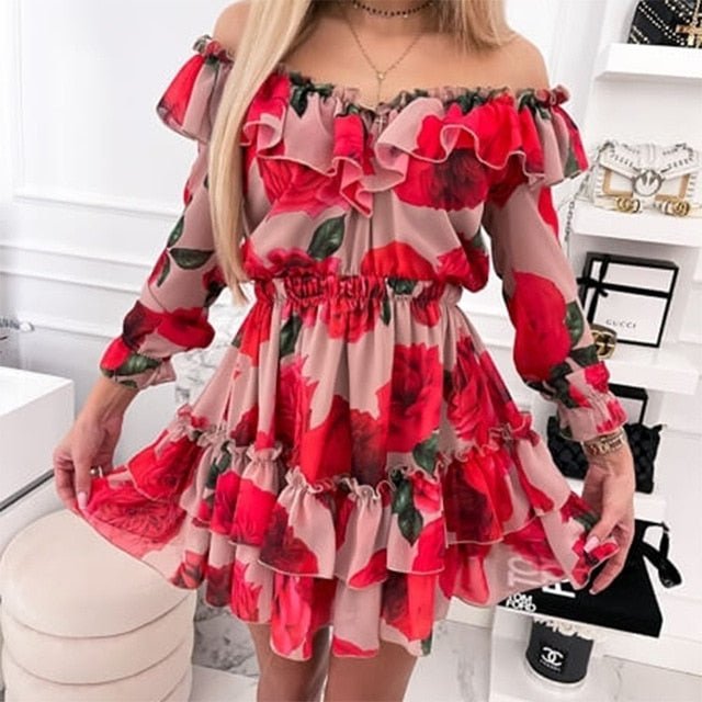 Off Shoulder Ruffles Flower Long Sleeve Chiffon Dress - Deb Shops
