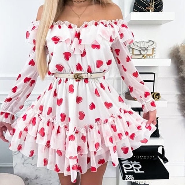 Off Shoulder Ruffles Flower Long Sleeve Chiffon Dress - Deb Shops