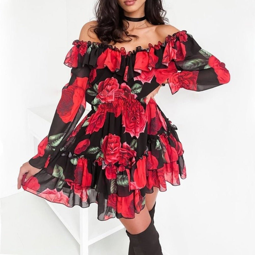 Off Shoulder Ruffles Flower Long Sleeve Elegant Chiffon Dress - Deb Shops