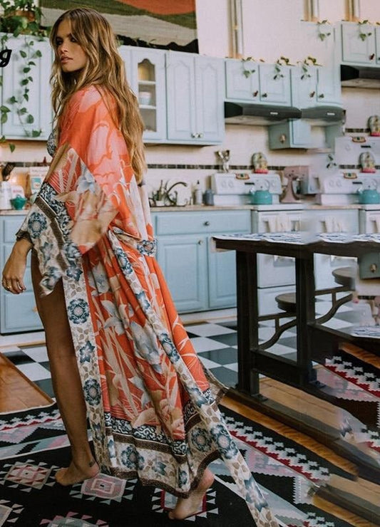 Orange Print Floral Kimono Loose Long One Size Cardigan - Deb Shops