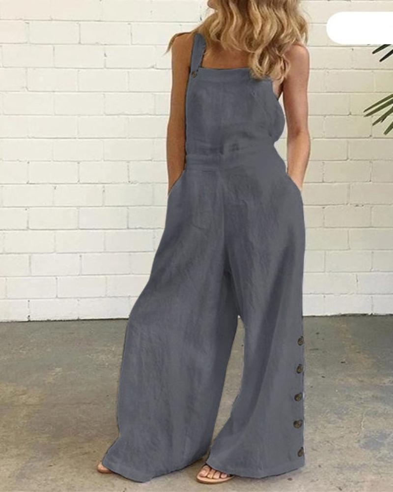Overalls Buttons Sleeveless Wide Leg Jumpsuit - Deb Shops