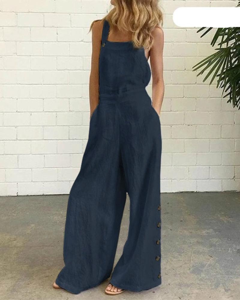 Overalls Buttons Sleeveless Wide Leg Jumpsuit - Deb Shops