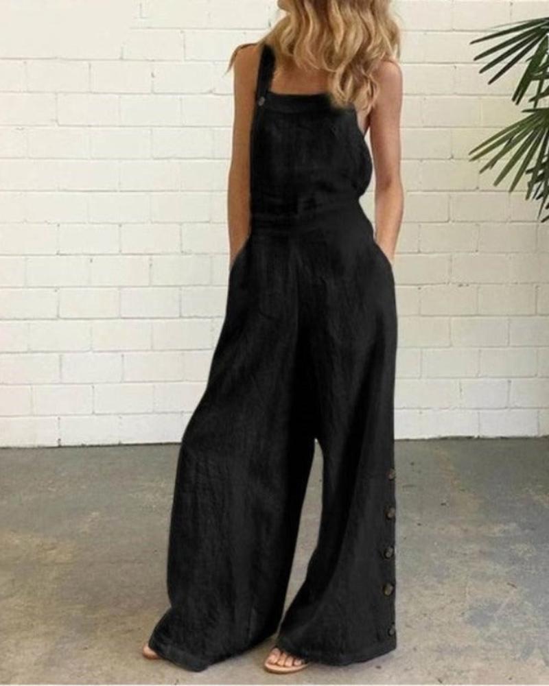 Overalls Buttons Sleeveless Wide Leg Jumpsuit - Deb Shops