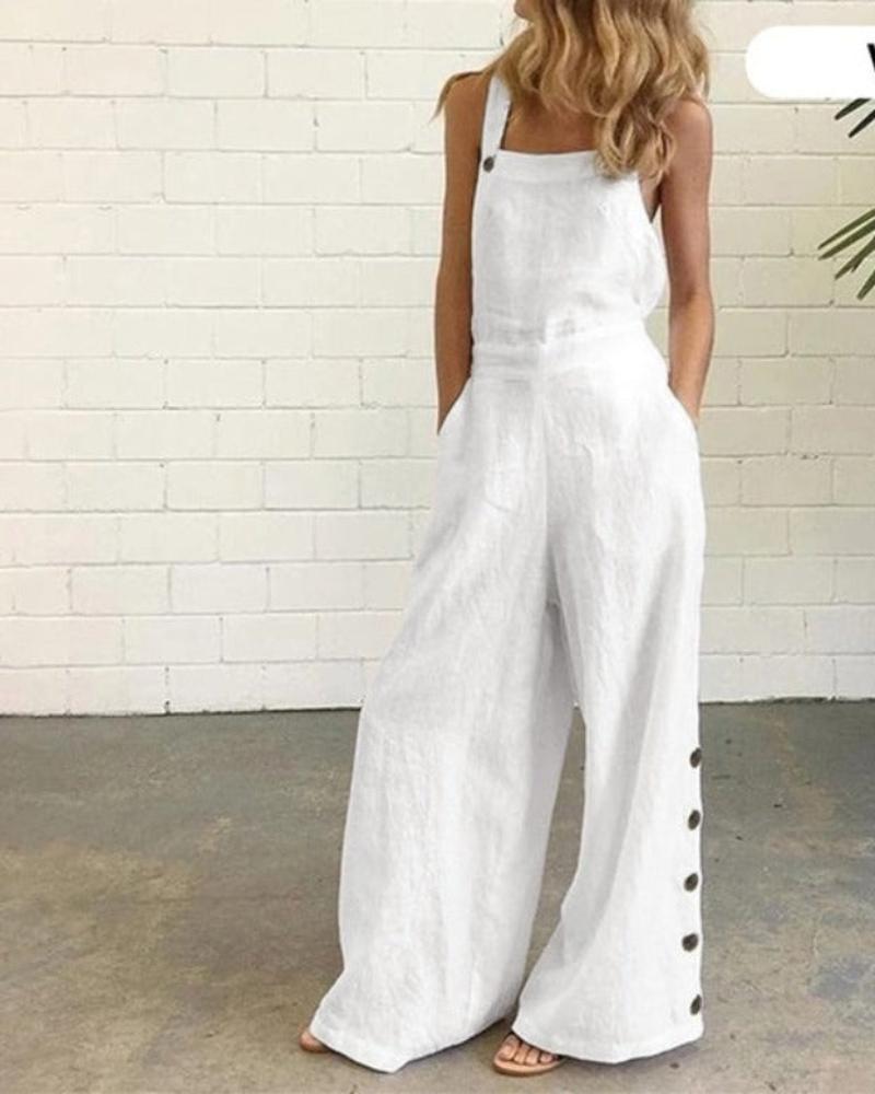 Overalls Buttons Sleeveless Wide Leg Jumpsuit - Deb Shops