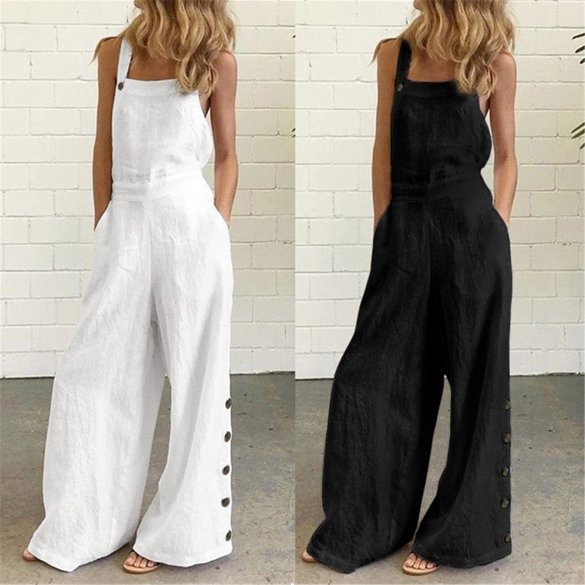 Overalls Buttons Sleeveless Wide Leg Jumpsuit - Deb Shops