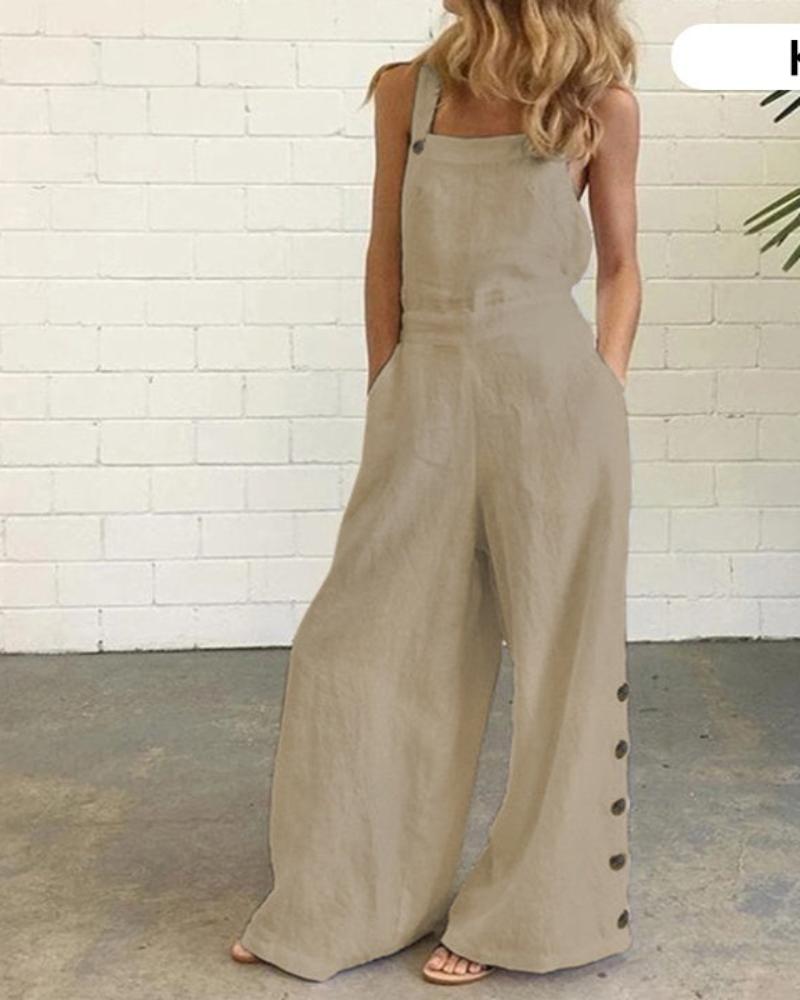 Overalls Buttons Sleeveless Wide Leg Jumpsuit - Deb Shops