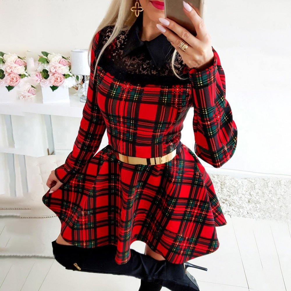 Plaid Lace High Waist Charming Slim Long Sleeve Mini Dress - Deb Shops