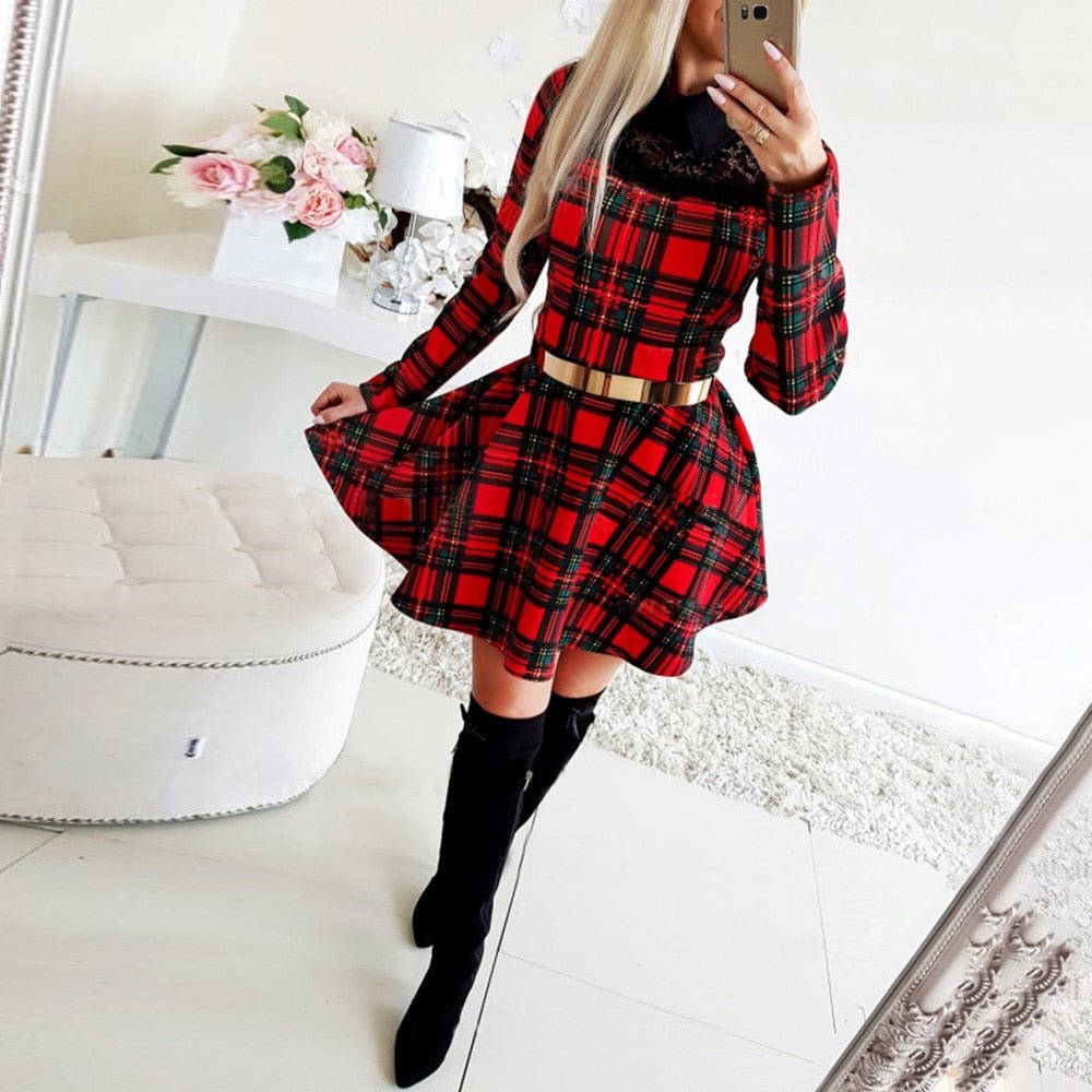Plaid Lace High Waist Charming Slim Long Sleeve Mini Dress - Deb Shops