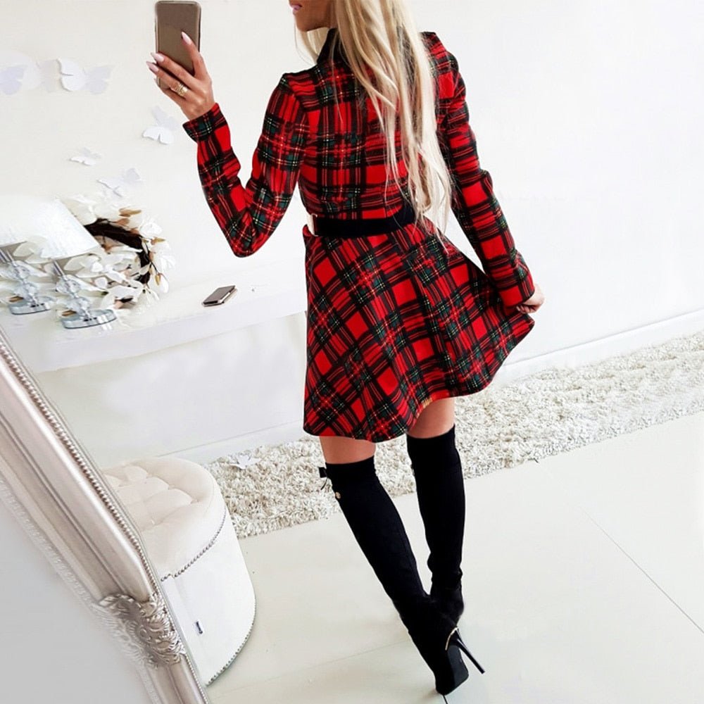 Plaid Lace High Waist Charming Slim Long Sleeve Mini Dress - Deb Shops