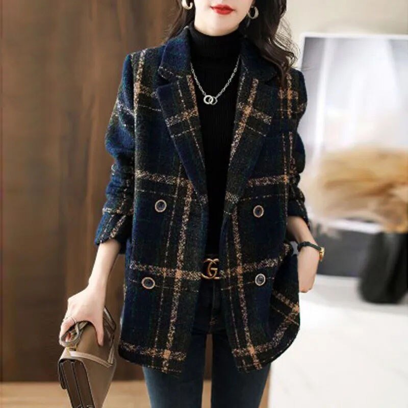 Plaid Slim Double Breasted Woolen Coat - Deb Shops