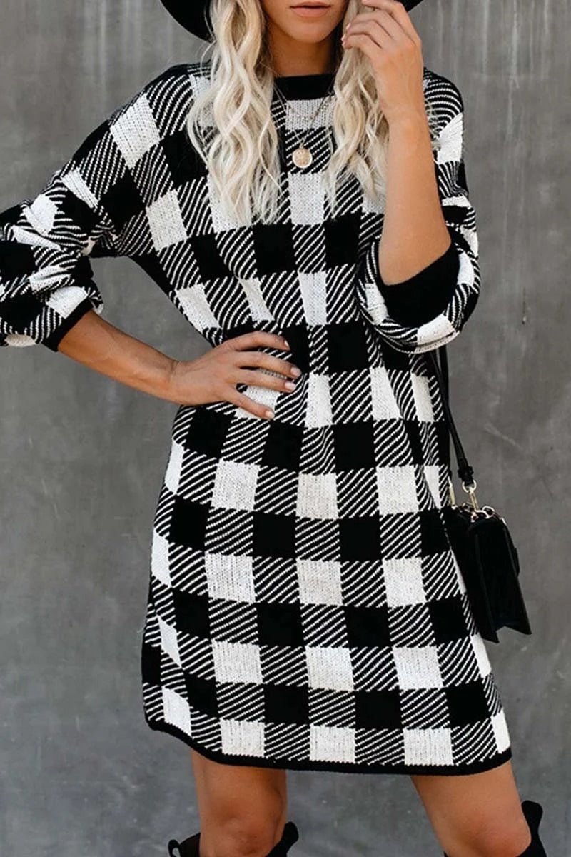 Plaid Slim Knitwear Checker Sweater Dress - Deb Shops