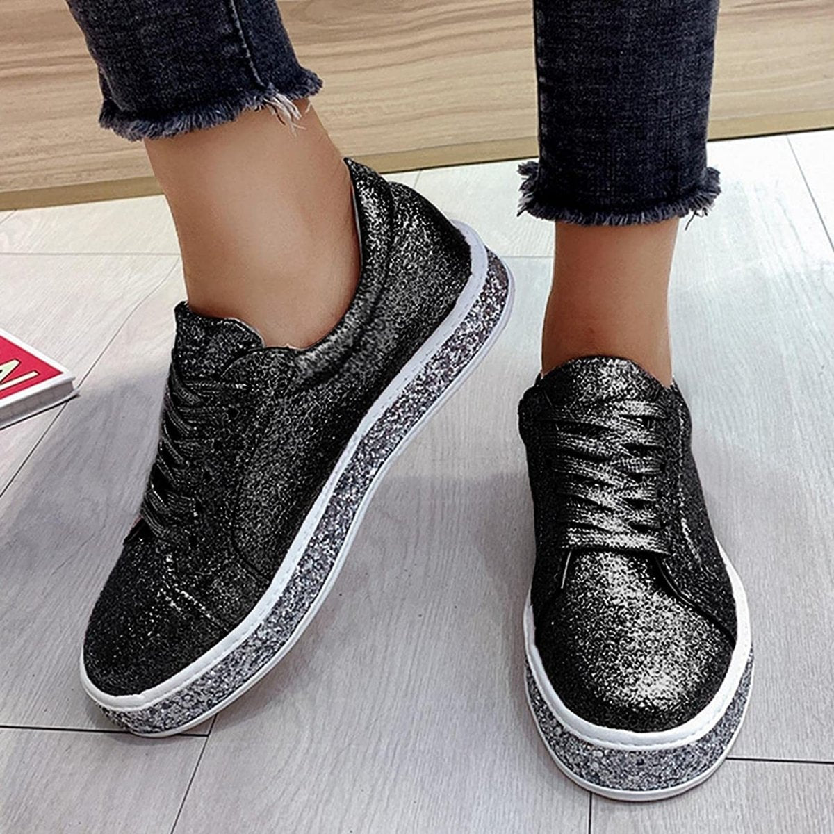 Platform Glitter Sequin Lace Up Chunky Bottom Slip On Leather Sneakers - Deb Shops