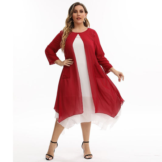 Plus Size Long Sleeve Chiffon Double Midi Dress - Deb Shops