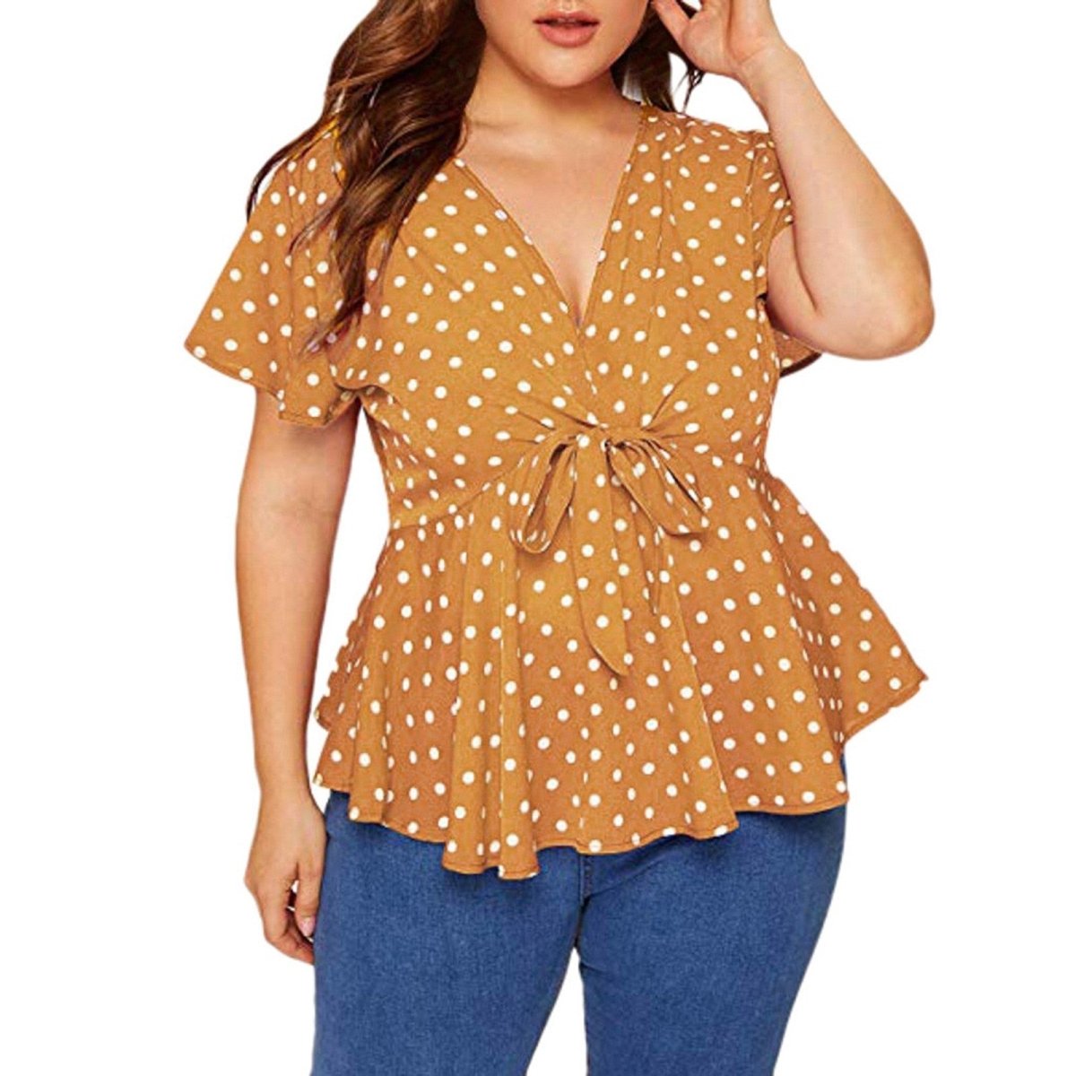 Plus Size Polka Dot V Neck Short Top - Deb Shops