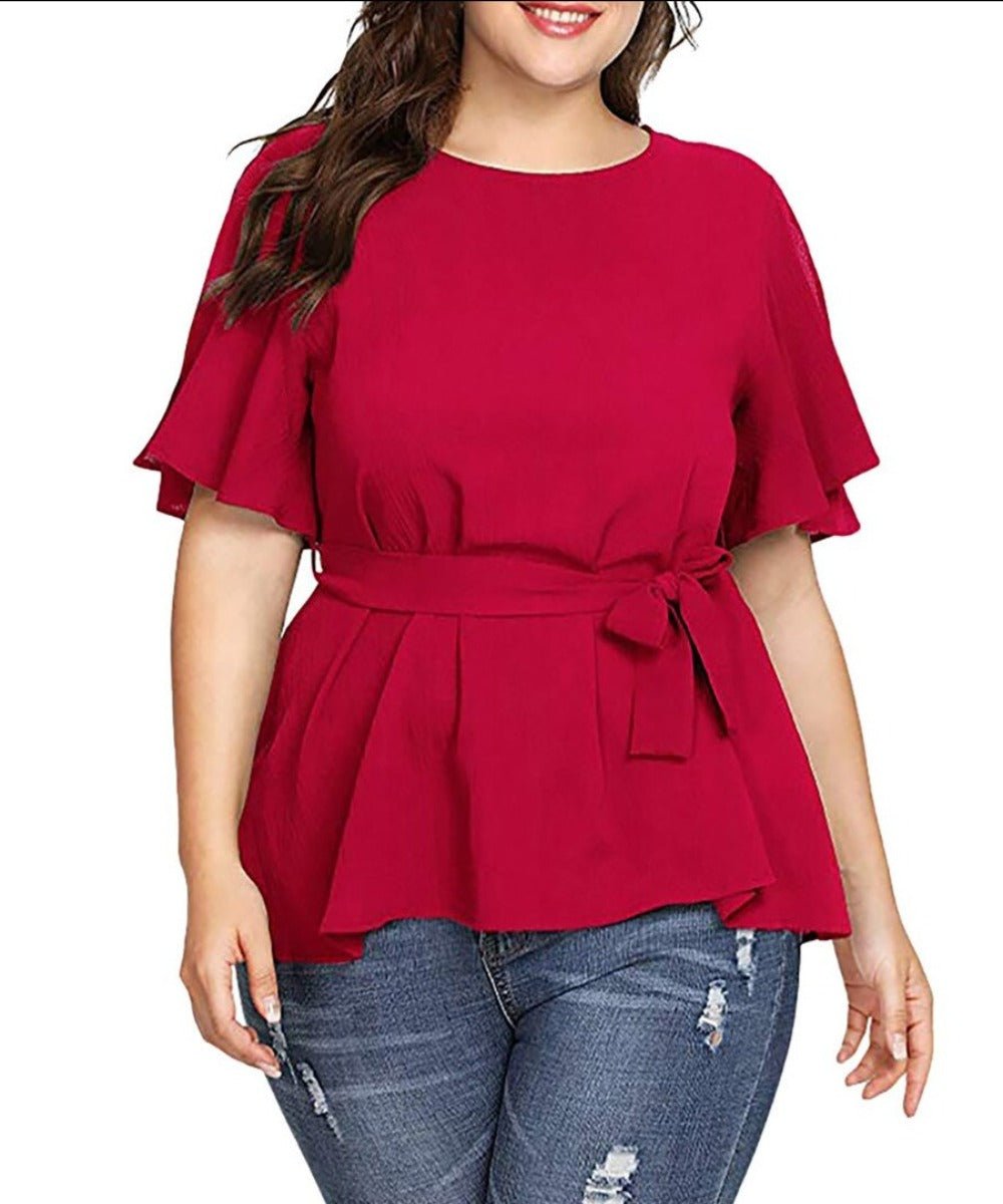 Plus Size Sleeve Shirt Belted Top - Deb Shops