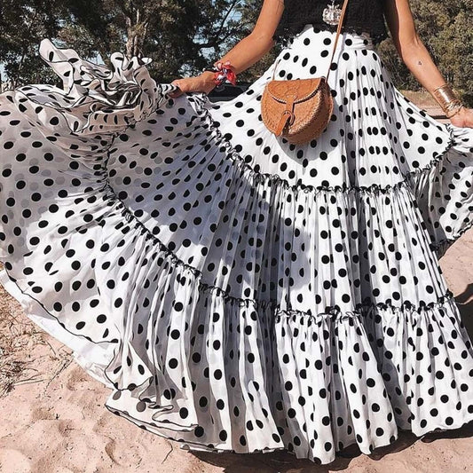 Polka Dot Maxi Layered High Waist Pleated Skirt - Deb Shops
