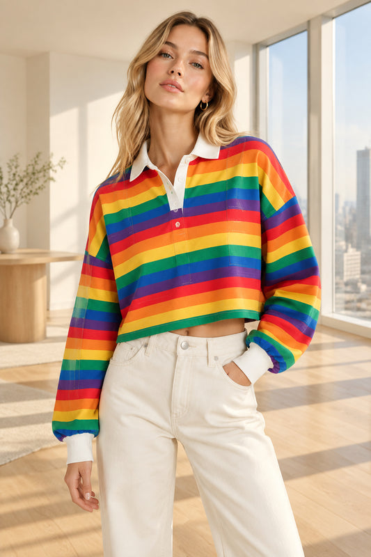 Rainbow Patchwork Button Turn - down Crop Pullover - Deb Shops