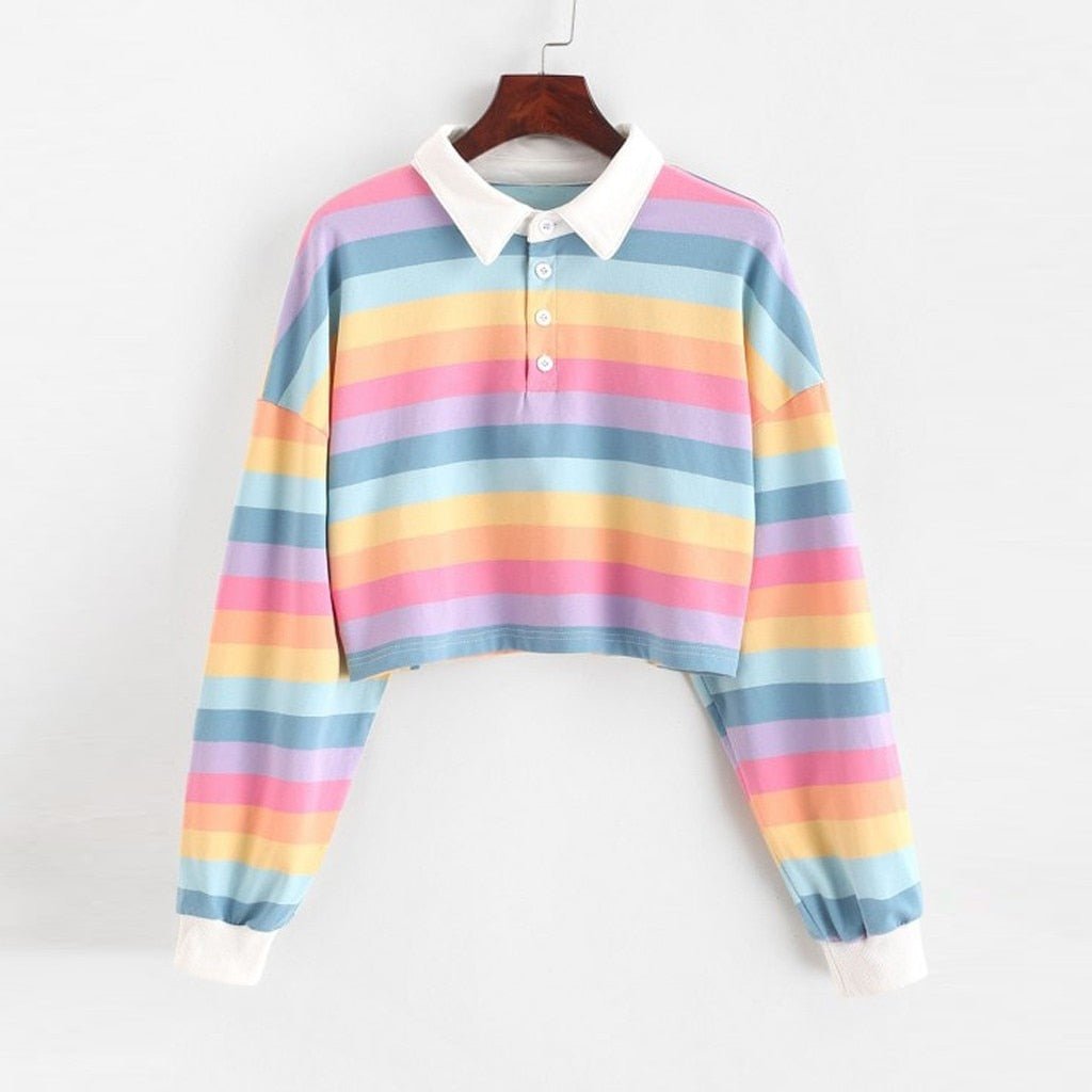Rainbow Patchwork Button Turn - down Crop Pullover - Deb Shops