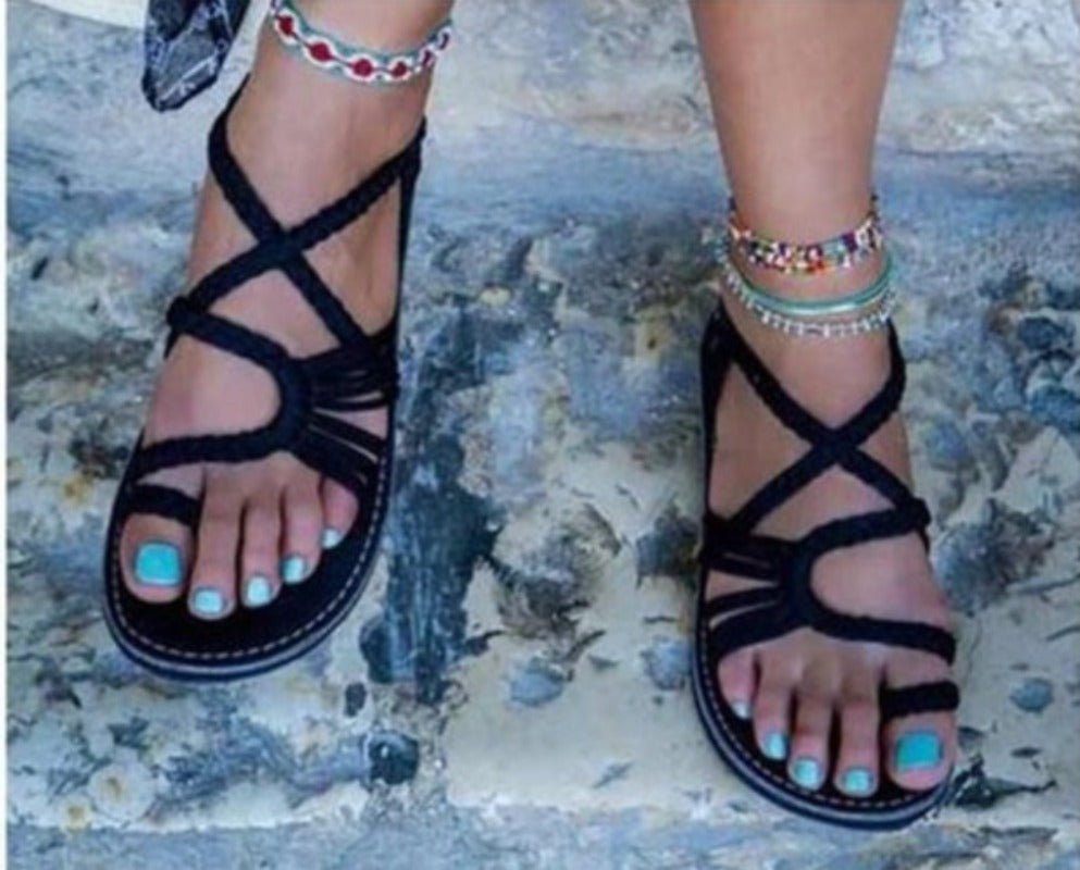 Rope Knot Toe Flock Flat Sandals - Deb Shops