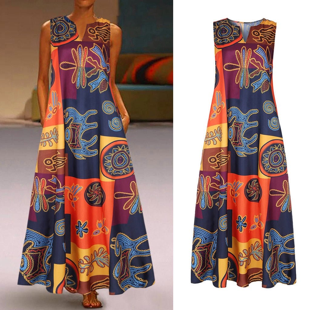 Sleeveless Vintage V Neck Maxi Dress - Deb Shops