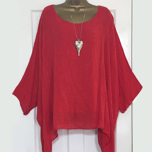 Solid Batwing Sleeve Loose Asymmetric O Neck Blouse - Deb Shops