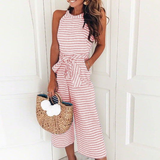 Striped Printed Lace up Pocket O neck Sleeveless Long Wide Leg Jumpsuit - Deb Shops