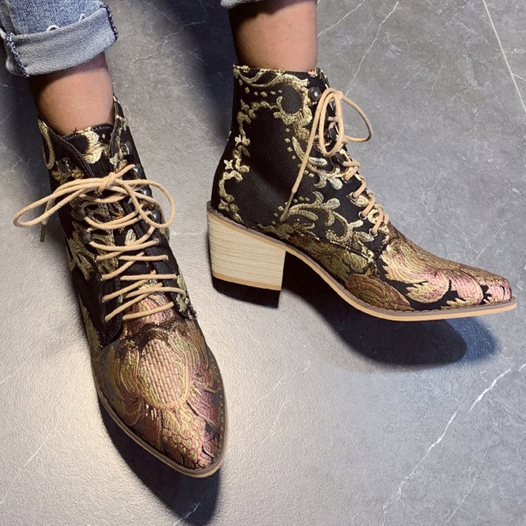 Stylish Embroider Lace Up Pointed Toe High Heels Warm Cowboy Ankle Chelsea Boots - Deb Shops