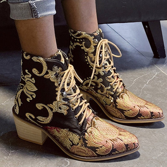 Stylish Embroider Lace Up Pointed Toe High Heels Warm Cowboy Ankle Chelsea Boots - Deb Shops