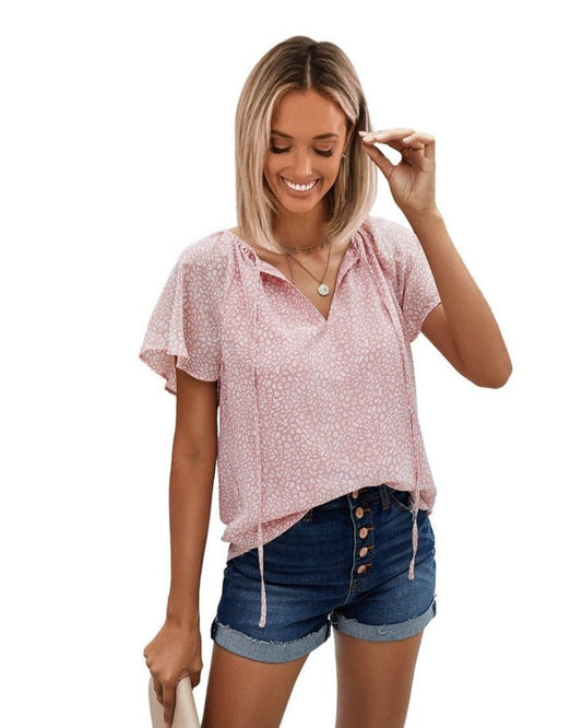 Summer Style Lotus Leaf Sleeve V - Neck T-Shirt - Deb Shops