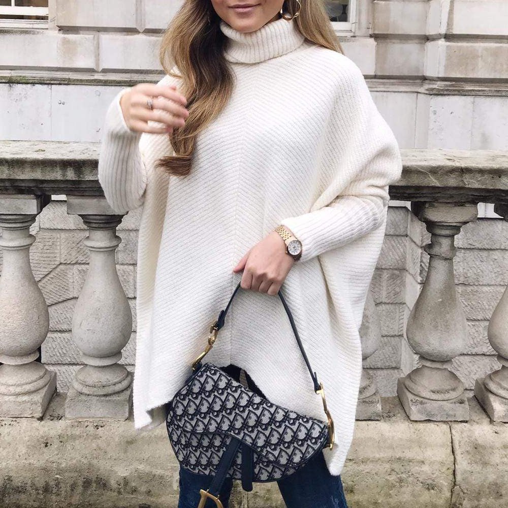 Turtleneck Oversized Knitted Sleeve Loose Asymmetric Sweater - Deb Shops