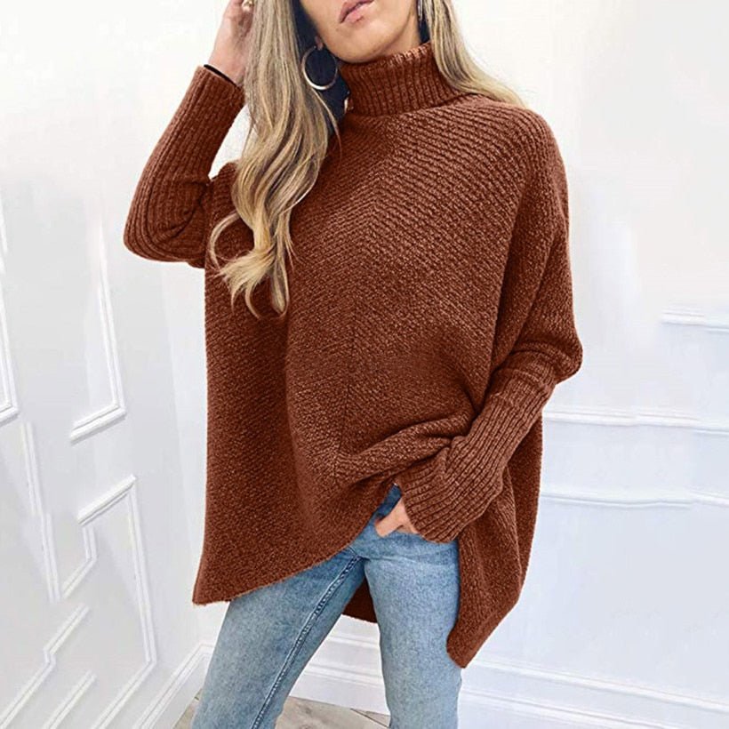 Turtleneck Oversized Knitted Sleeve Loose Asymmetric Sweater - Deb Shops