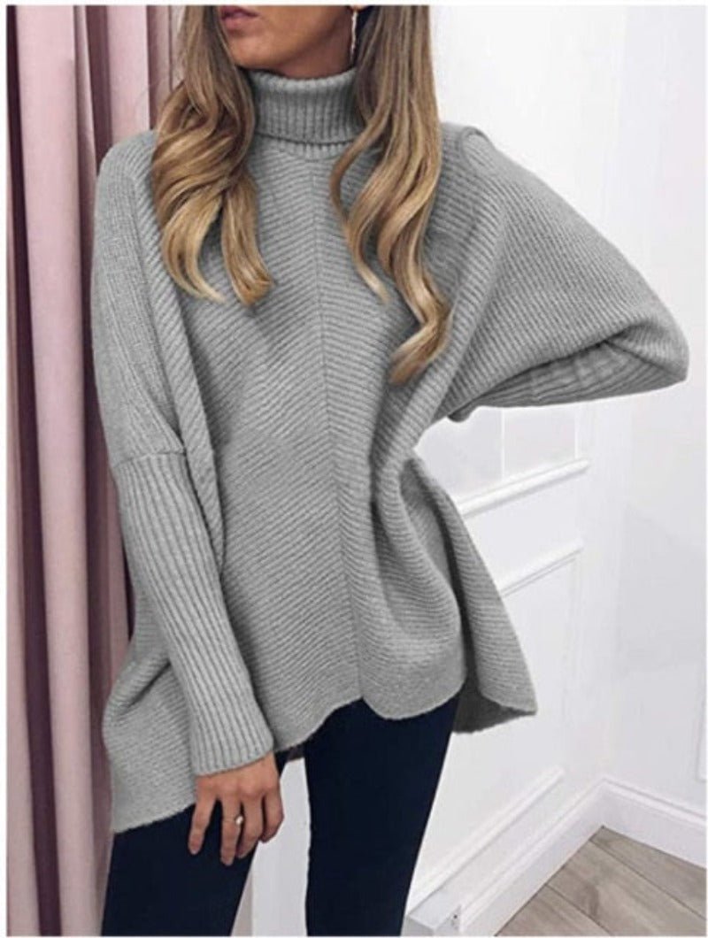 Turtleneck Oversized Knitted Sleeve Loose Asymmetric Sweater - Deb Shops