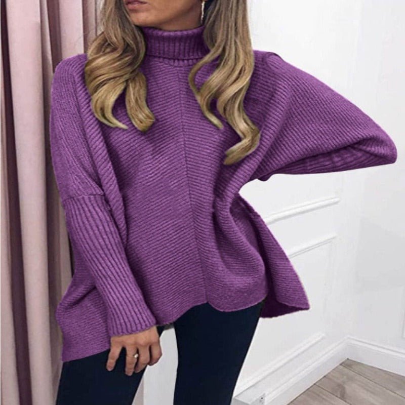 Turtleneck Oversized Knitted Sleeve Loose Asymmetric Sweater - Deb Shops