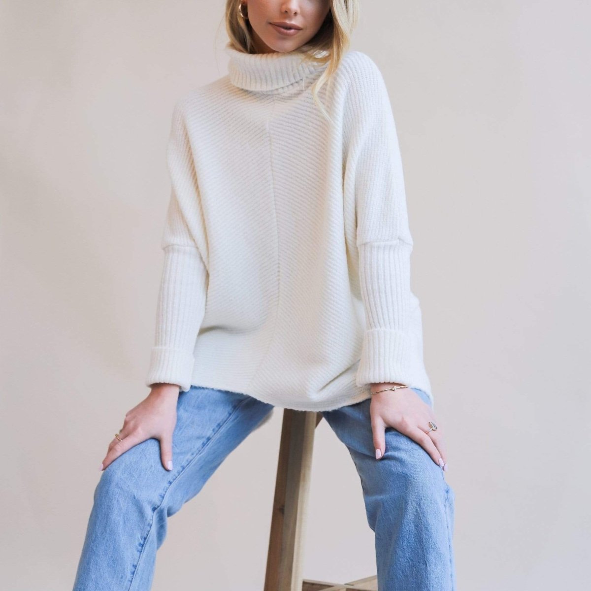 Turtleneck Oversized Knitted Sleeve Loose Asymmetric Sweater - Deb Shops