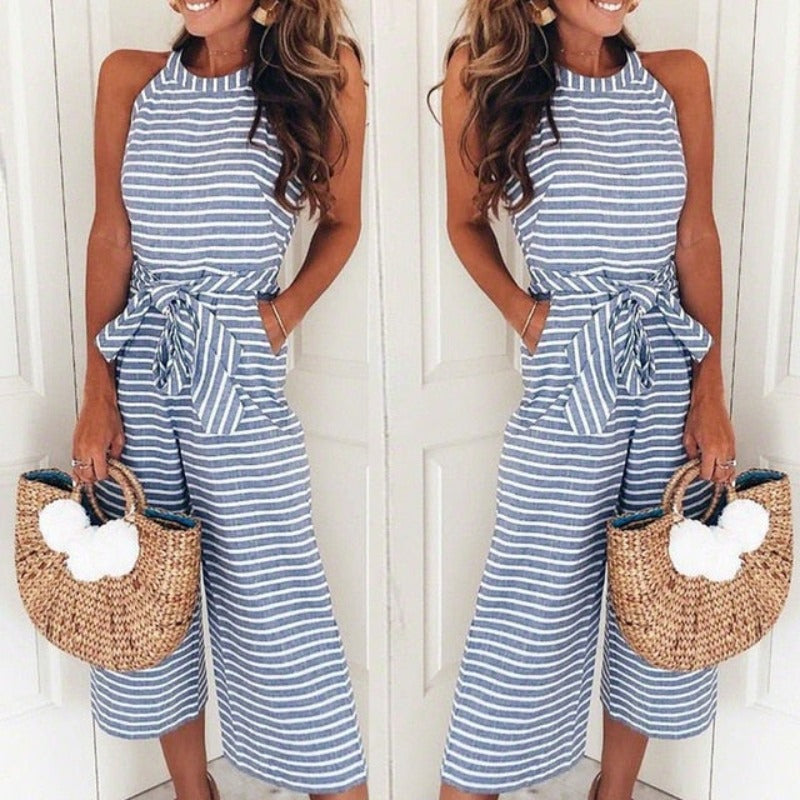 Striped Printed Lace up Pocket O neck Sleeveless Long Wide Leg Jumpsuit - Debshops