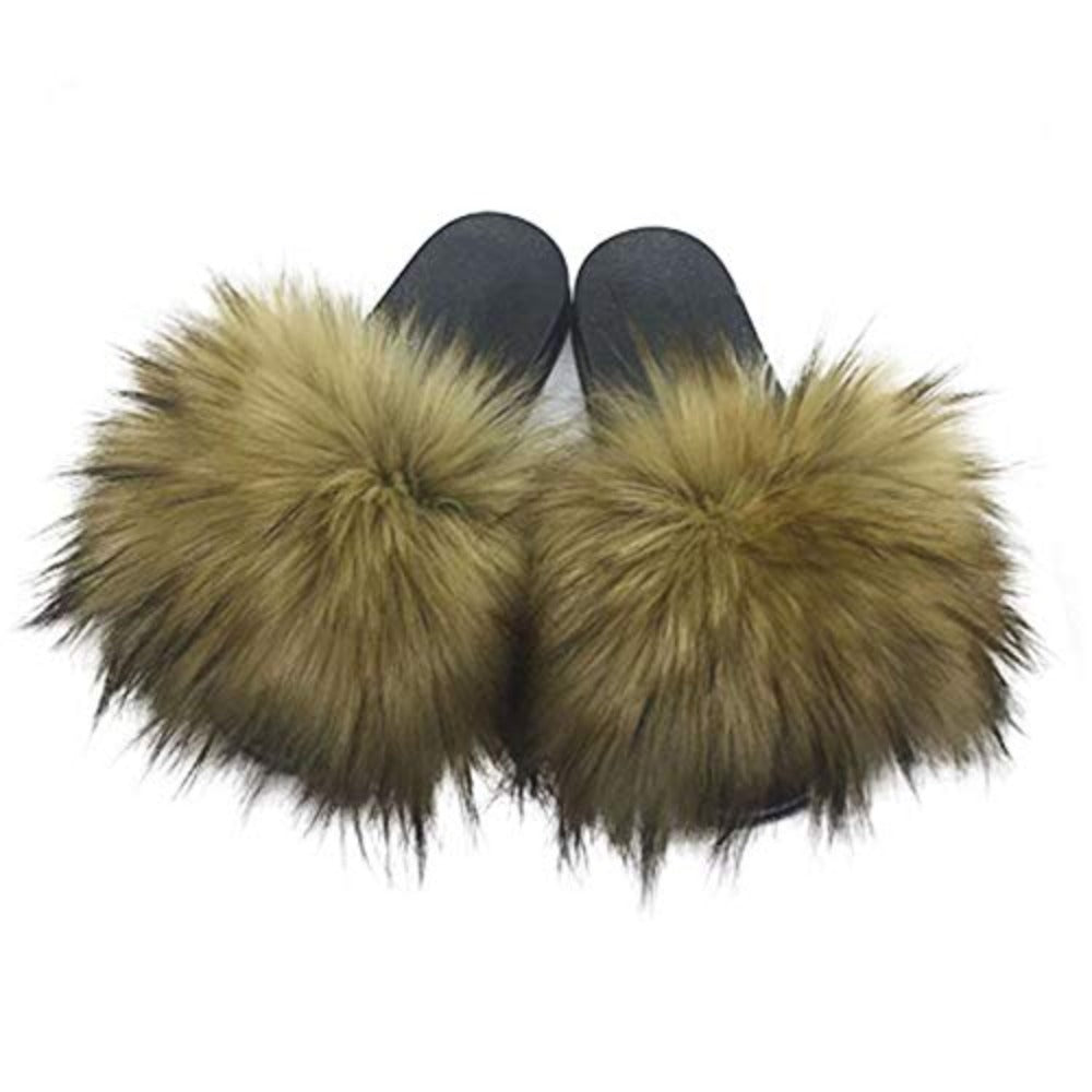 Faux Fur Slippers Fluffy Fuzzy Sandals Open Toe Slides Flip Flop - Debshops