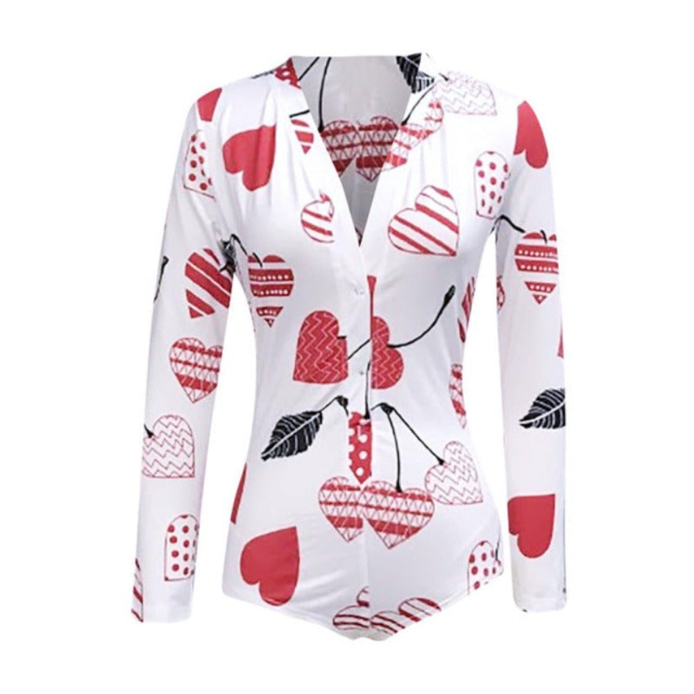 Long Sleeve V Neck Love Pattern Print Pajama Romper - Debshops