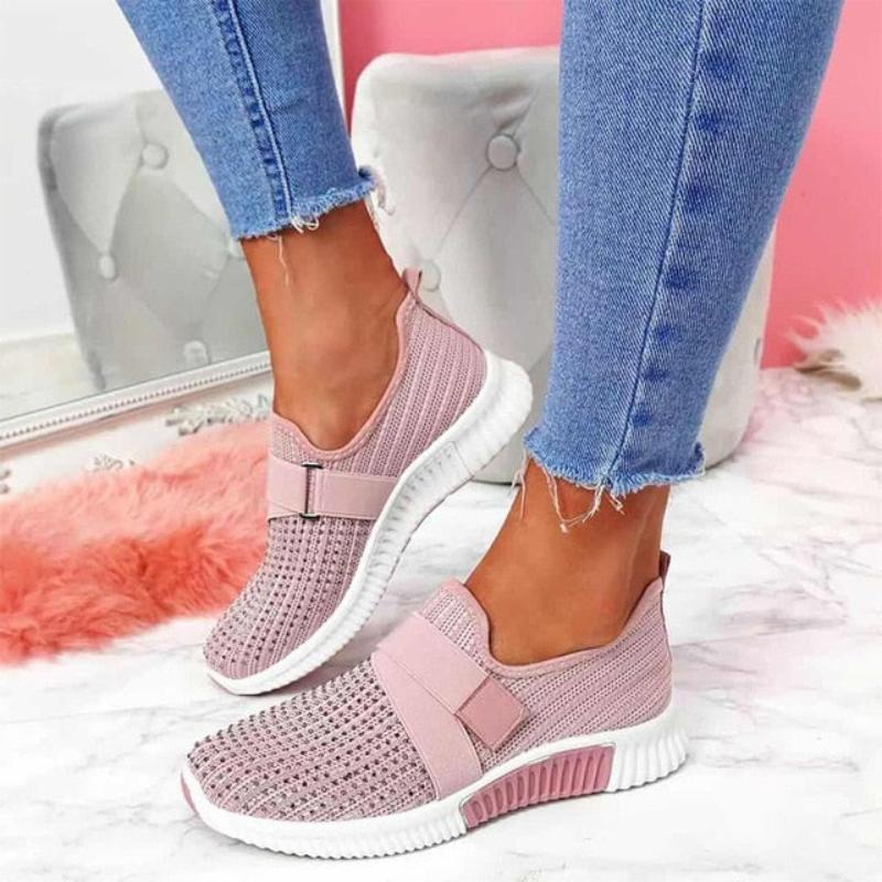 Mesh Breathable Sport Rhinestone Platform Flat Vulcanized Comfort Footwear - Debshops