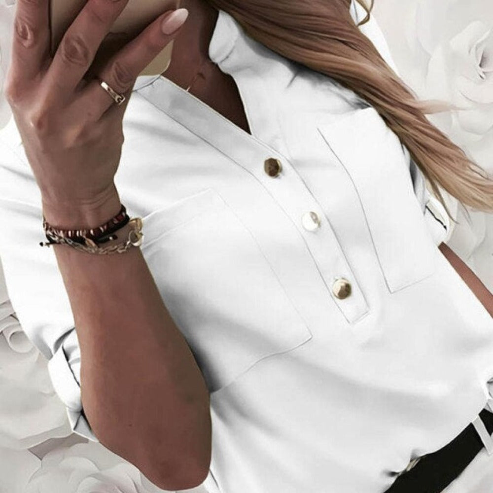 Elegant Adjustable Sleeve Button Blouse - Debshops