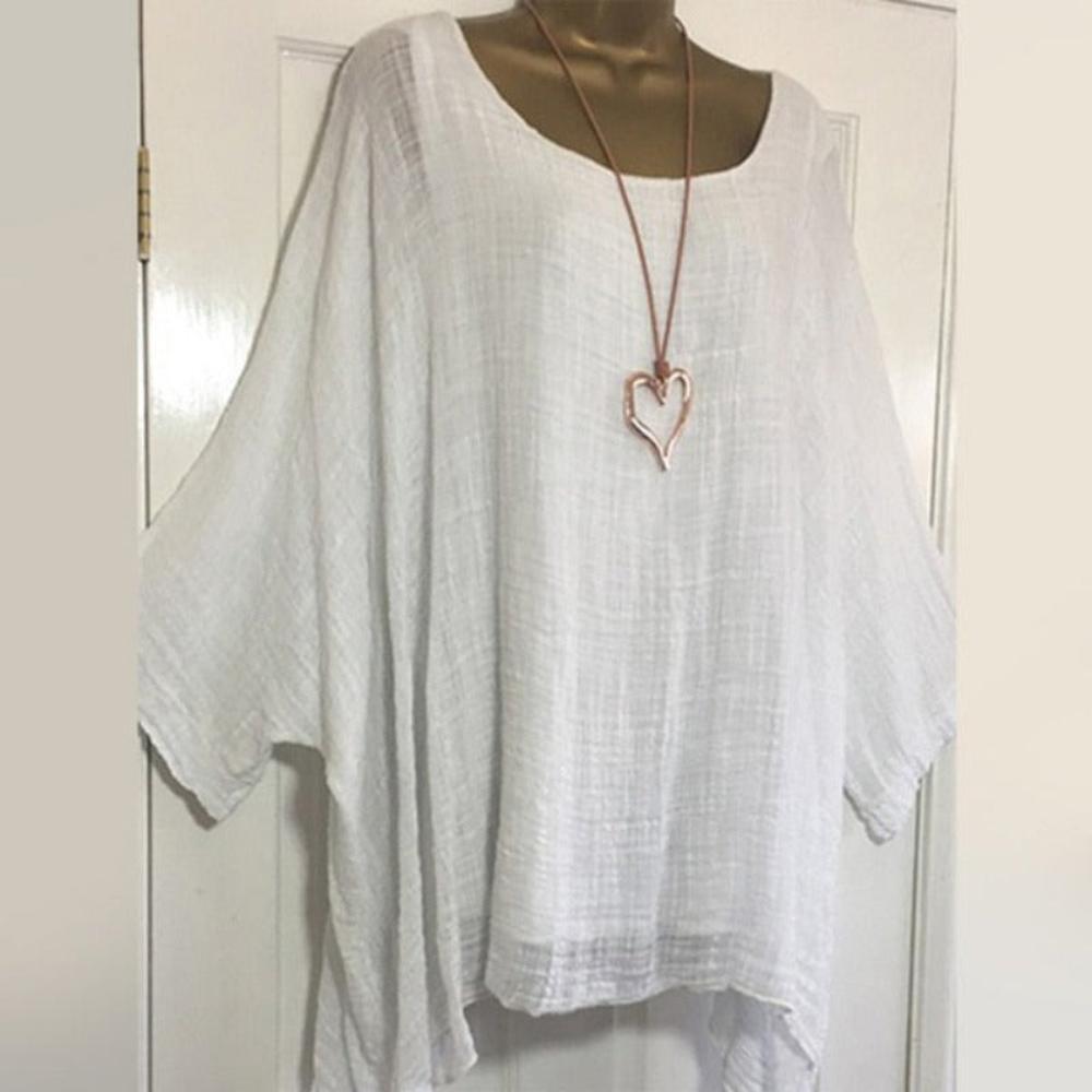 Solid Batwing Sleeve Loose Asymmetric O Neck Blouse - Debshops
