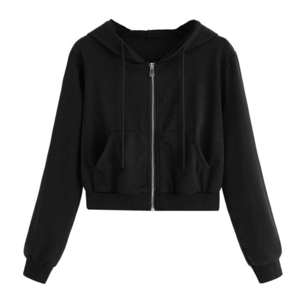 Zip Up Pockets Slim Crop Drawstring Hoodies - Debshops
