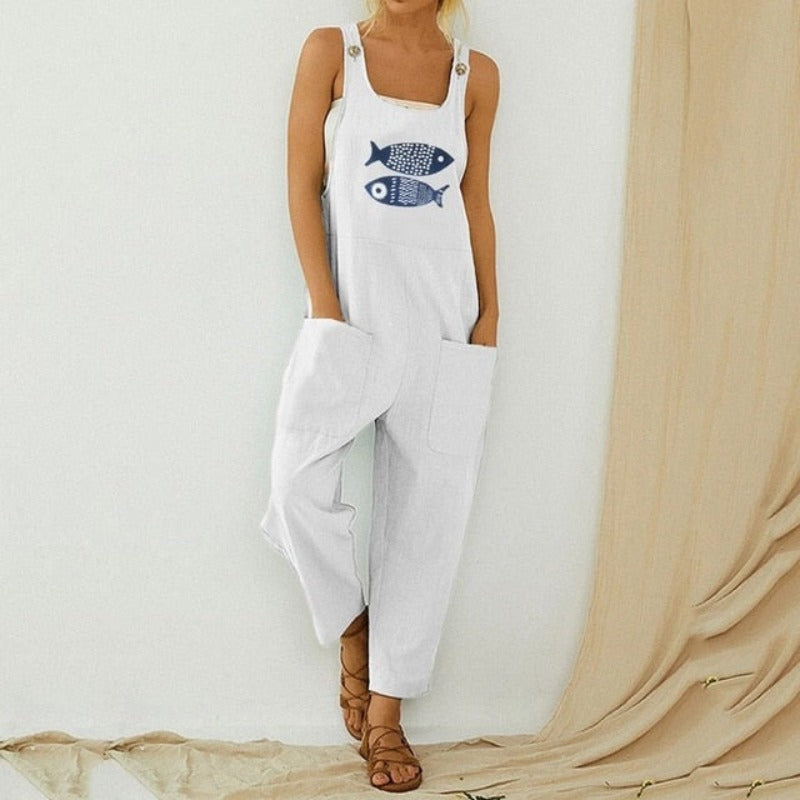 Casual Boho Fish Print Pocket Romper Long Button Jumpsuit - Debshops