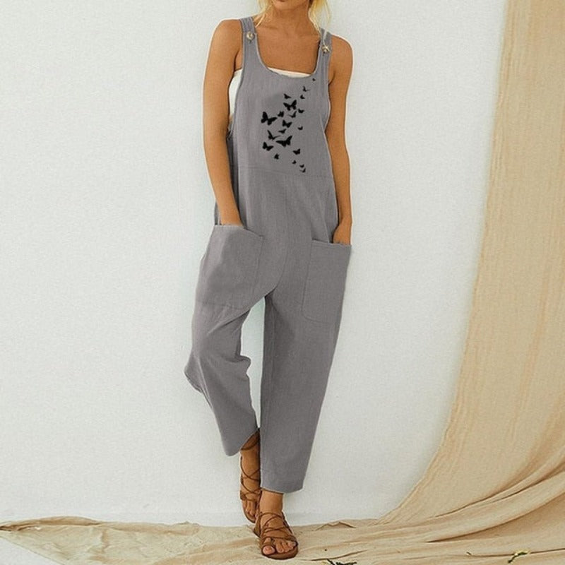 Casual Boho Fish Print Pocket Romper Long Button Jumpsuit - Debshops