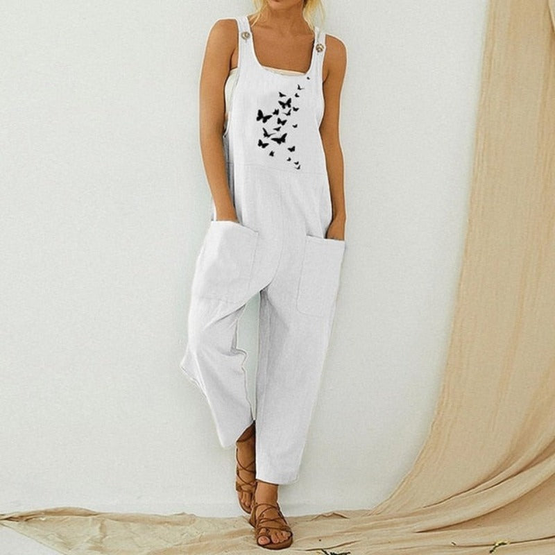 Casual Boho Fish Print Pocket Romper Long Button Jumpsuit - Debshops