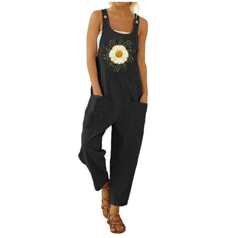 Casual Boho Fish Print Pocket Romper Long Button Jumpsuit - Debshops