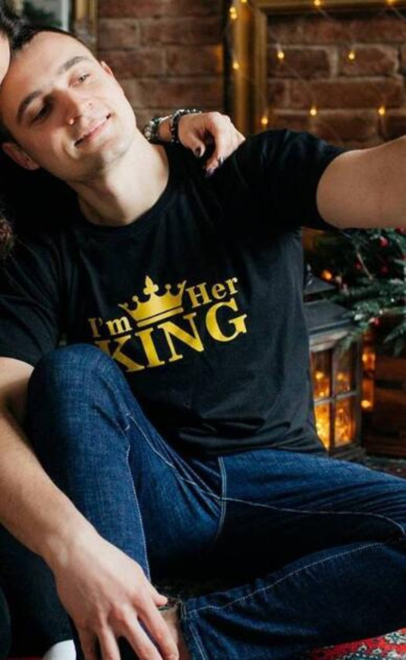 Cotton Print His Queen Her King Crown O neck Short Sleeve - Debshops