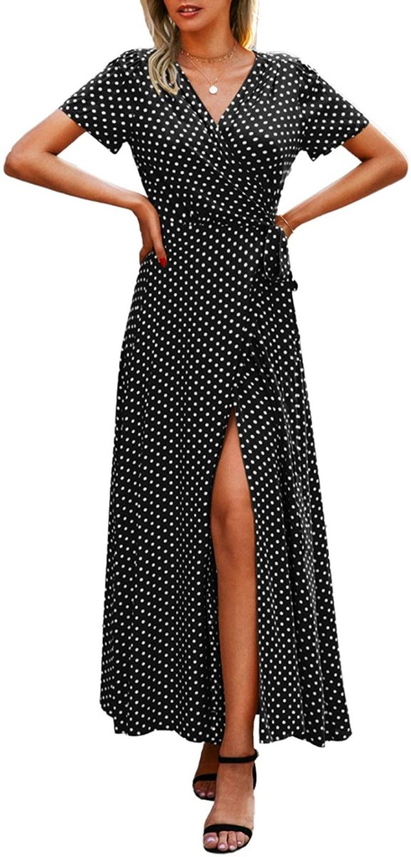 V Neck Wrap Floral Short Sleeve Split Belted Beach Long Dress - Deb Shops